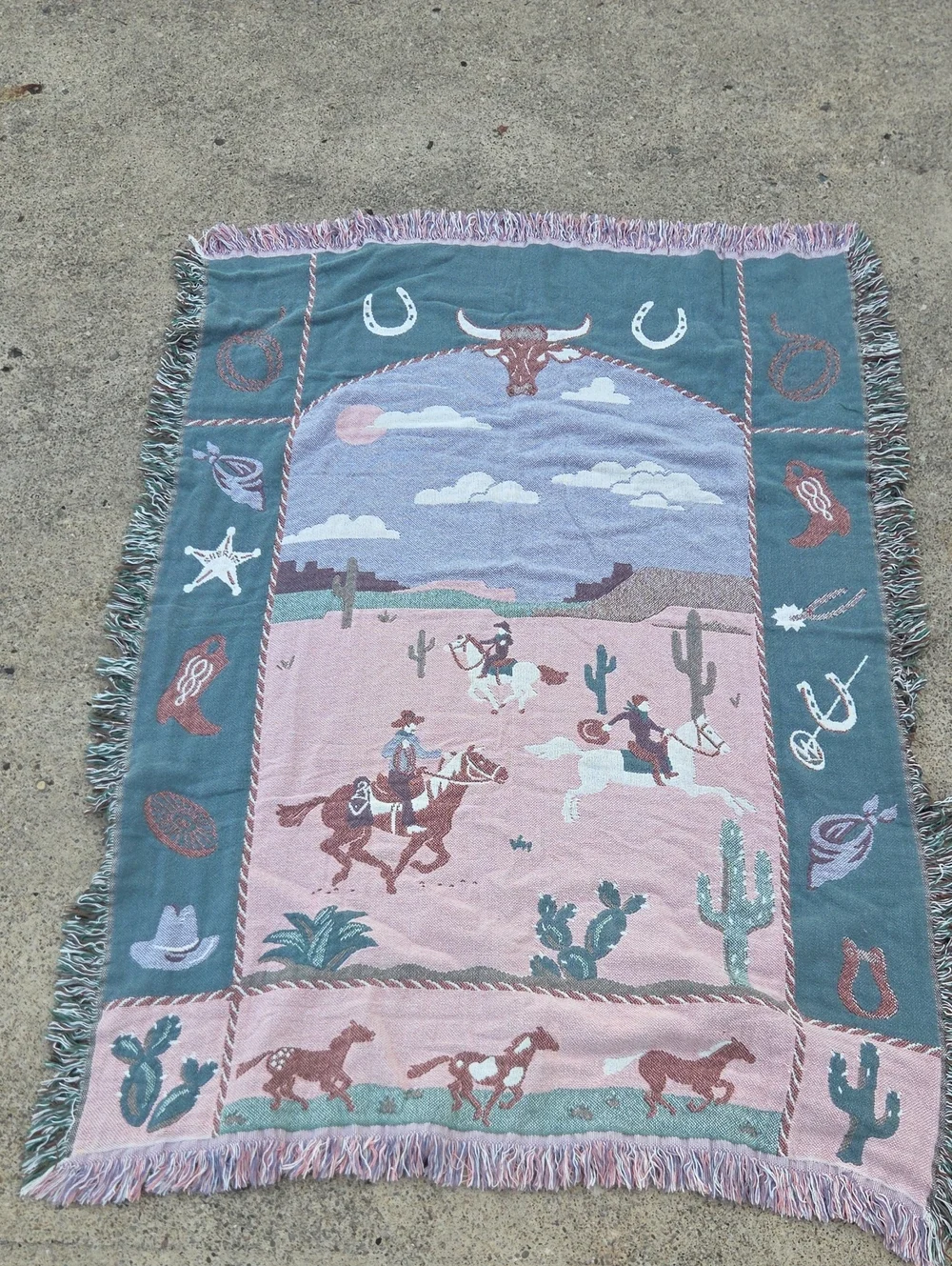VTG Goodwin Weavers Western Cowboy Nature Horse Throw Blanket Made In USA